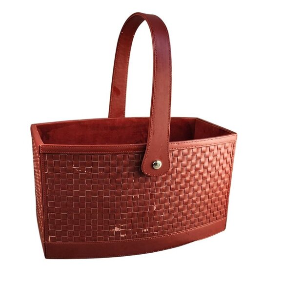 Woven Faux Leather and Wood Basket With Handle - Rectangular Design Deep Red Col - Picture 5 of 14